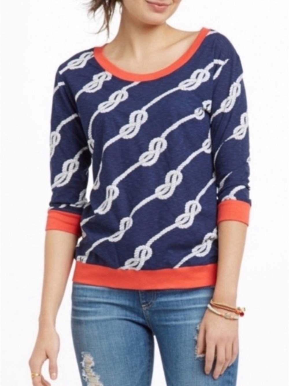 Navy Rope-Print Scoop Neck Sweater with Coral Trim